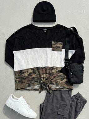 Justify Camo Colorblock Waffle Knit Tie Front V-Neck Oversized Top Shirt XXL